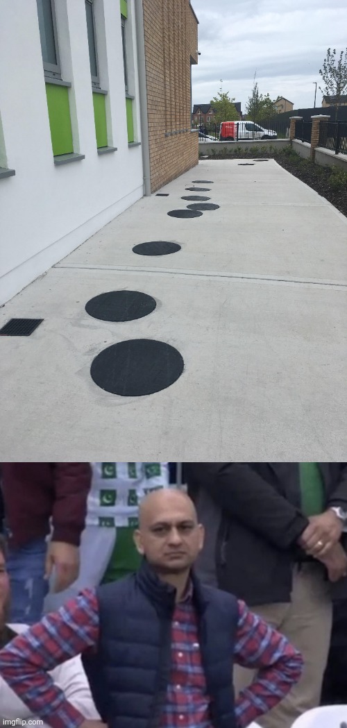 Not lined up | image tagged in frustrated man,sidewalk,you had one job,circles,crappy design,memes | made w/ Imgflip meme maker