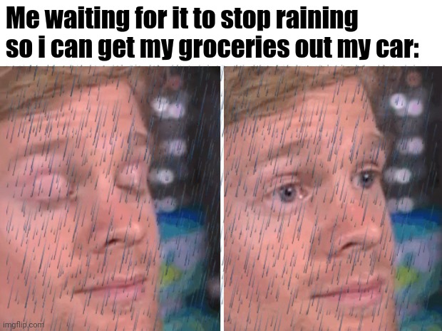 this is why modern-day humans hate rain (and snow, if you live in the U.S.) | Me waiting for it to stop raining so i can get my groceries out my car: | image tagged in white guy blinking,raining,disappointment | made w/ Imgflip meme maker