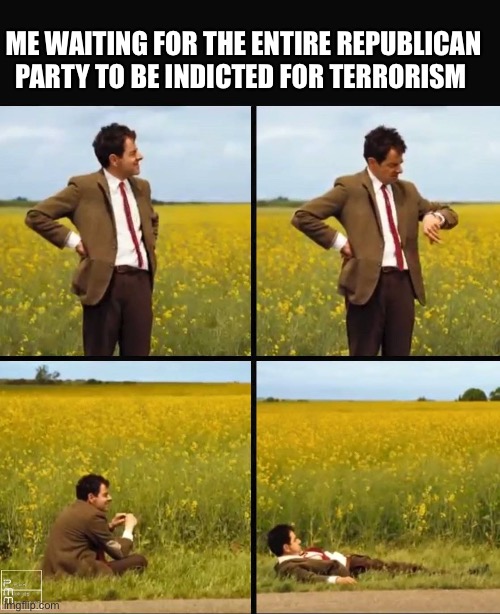 Mr bean waiting | ME WAITING FOR THE ENTIRE REPUBLICAN PARTY TO BE INDICTED FOR TERRORISM | image tagged in mr bean waiting | made w/ Imgflip meme maker