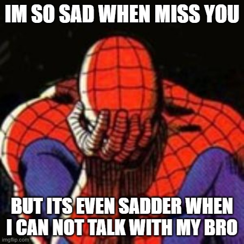 sad | IM SO SAD WHEN MISS YOU; BUT ITS EVEN SADDER WHEN I CAN NOT TALK WITH MY BRO | image tagged in memes,sad spiderman,spiderman | made w/ Imgflip meme maker