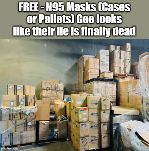 JUST LIKE THE HYDROXY & HORSE PASTE LIES. | FREE - N95 Masks (Cases or Pallets) Gee looks like their lie is finally dead | image tagged in democrats,nwo,traitors,murder | made w/ Imgflip meme maker