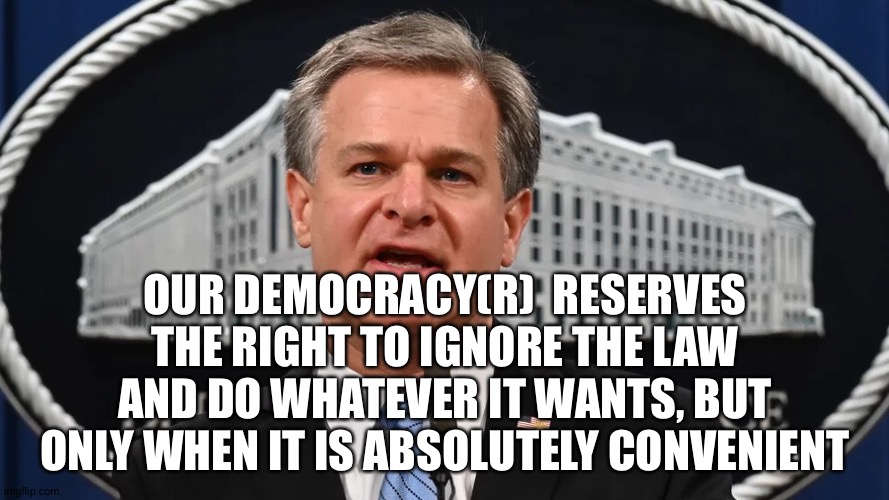 FBI wray | OUR DEMOCRACY(R)  RESERVES THE RIGHT TO IGNORE THE LAW AND DO WHATEVER IT WANTS, BUT ONLY WHEN IT IS ABSOLUTELY CONVENIENT | image tagged in fbi wray | made w/ Imgflip meme maker