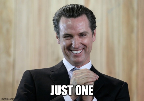 Scheming Gavin Newsom  | JUST ONE | image tagged in scheming gavin newsom | made w/ Imgflip meme maker