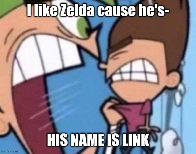 Cosmo yelling at timmy | I like Zelda cause he's-; HIS NAME IS LINK | image tagged in cosmo yelling at timmy,memes,funny,gaming,the legend of zelda,nintendo | made w/ Imgflip meme maker