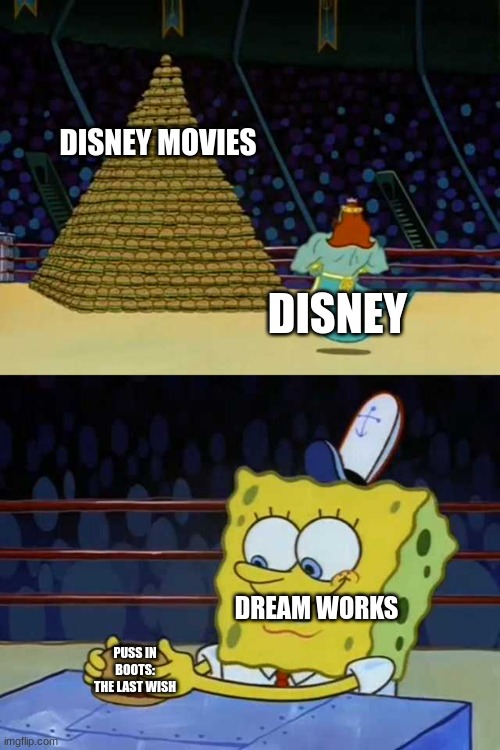 reality of the film industry | DISNEY MOVIES; DISNEY; DREAM WORKS; PUSS IN BOOTS: THE LAST WISH | image tagged in king neptune vs spongebob | made w/ Imgflip meme maker