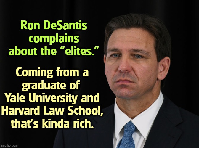 Ron DeSantis complains about the "elites."; Coming from a graduate of 
Yale University and Harvard Law School, that's kinda rich. | image tagged in ron desantis,yale university,harvard law school,elite,cynical,conservative hypocrisy | made w/ Imgflip meme maker