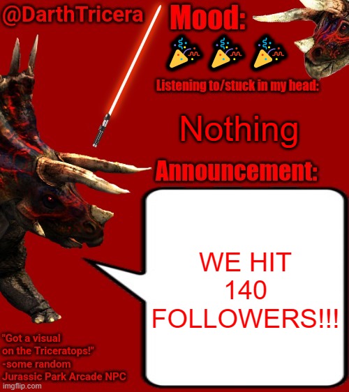 Aww yeah! | 🎉🎉🎉; Nothing; WE HIT 140 FOLLOWERS!!! | image tagged in darthtricera announcement template 2 | made w/ Imgflip meme maker