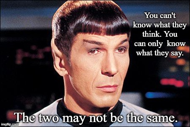 Condescending Spock | You can't know what they think. You can only  know what they say. The two may not be the same. | image tagged in condescending spock | made w/ Imgflip meme maker