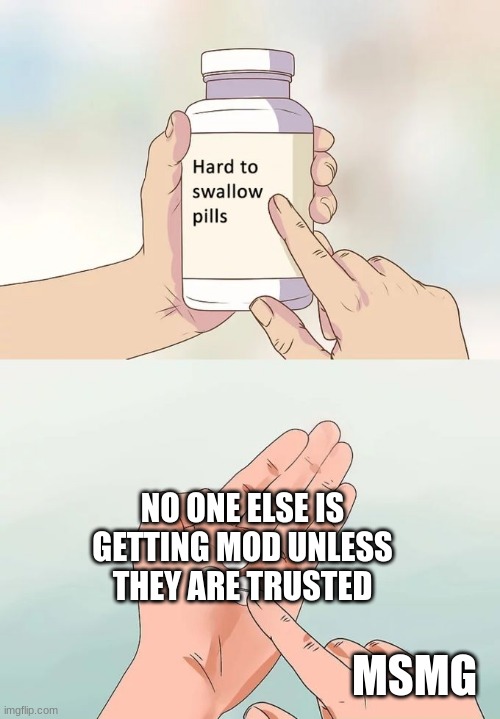 Hard To Swallow Pills | NO ONE ELSE IS GETTING MOD UNLESS THEY ARE TRUSTED; MSMG | image tagged in memes,hard to swallow pills | made w/ Imgflip meme maker