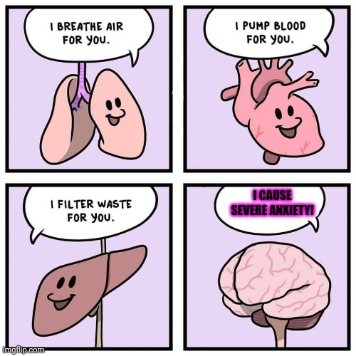 But why? Why would you do that? | I CAUSE SEVERE ANXIETY! | image tagged in organs and brain,brain,no,this is not okie dokie | made w/ Imgflip meme maker