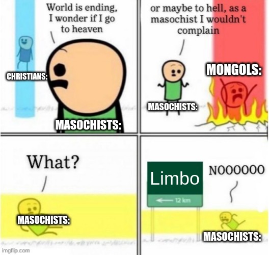History In A Nutshell: | MONGOLS:; CHRISTIANS:; MASOCHISTS:; MASOCHISTS:; Limbo; MASOCHISTS:; MASOCHISTS: | image tagged in guy goes to insert text here | made w/ Imgflip meme maker