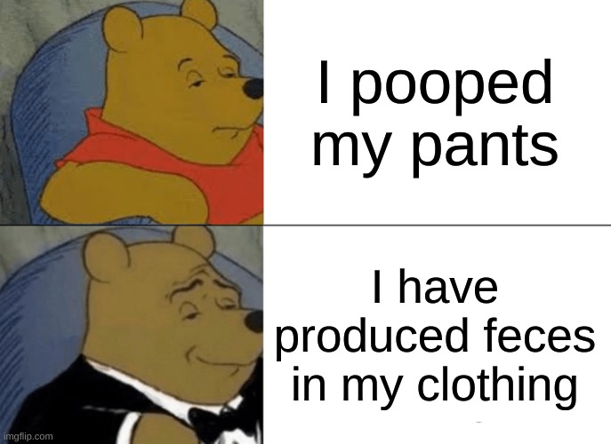 Tuxedo Winnie The Pooh Meme | I pooped my pants I have produced feces in my clothing | image tagged in memes,tuxedo winnie the pooh | made w/ Imgflip meme maker