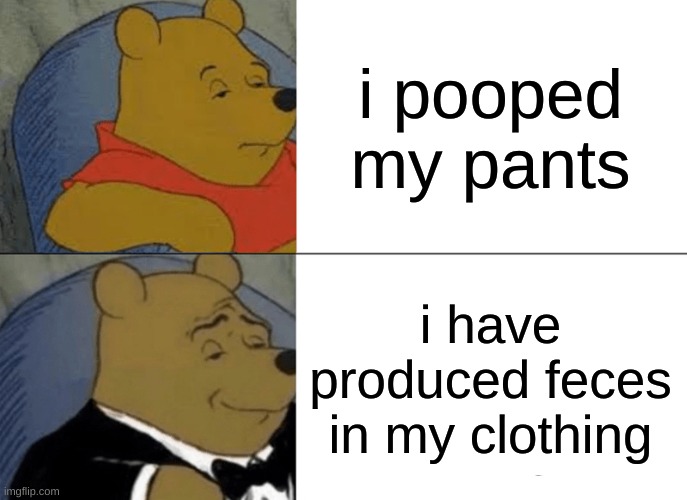 Tuxedo Winnie The Pooh | i pooped my pants; i have produced feces in my clothing | image tagged in memes,tuxedo winnie the pooh | made w/ Imgflip meme maker