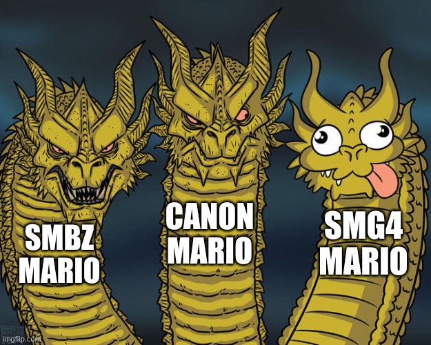 Mario, Mario and Mario | CANON MARIO; SMG4 MARIO; SMBZ MARIO | image tagged in three-headed dragon,mario | made w/ Imgflip meme maker