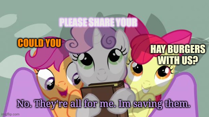 cutie mark crusaders beneath twilight in my little pony | COULD YOU PLEASE SHARE YOUR HAY BURGERS WITH US? No. They're all for me. Im saving them. | image tagged in cutie mark crusaders beneath twilight in my little pony | made w/ Imgflip meme maker
