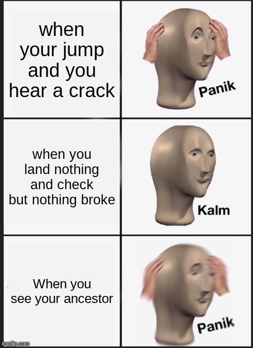 oh god | when your jump and you hear a crack; when you land nothing and check but nothing broke; When you see your ancestor | image tagged in memes,panik kalm panik | made w/ Imgflip meme maker