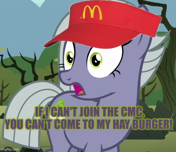 limestone pie's surprised face | IF I CAN'T JOIN THE CMC, YOU CAN'T COME TO MY HAY BURGER! | image tagged in limestone pie's surprised face | made w/ Imgflip meme maker