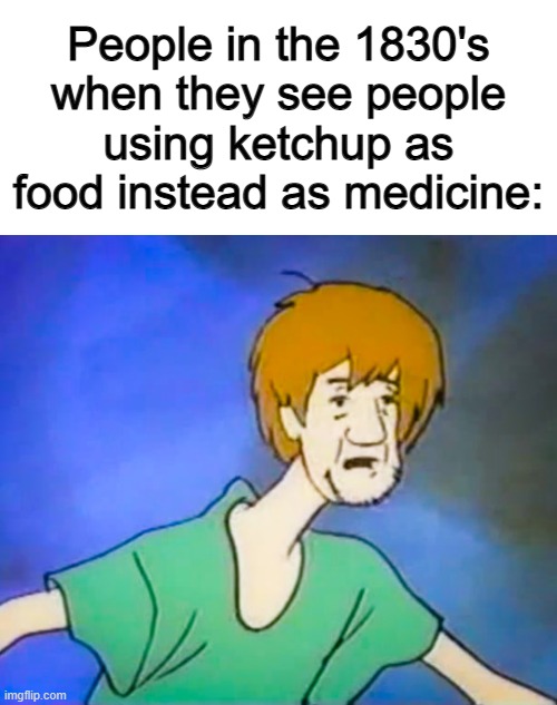 "What?" XD | People in the 1830's when they see people using ketchup as food instead as medicine: | image tagged in confused shaggy | made w/ Imgflip meme maker