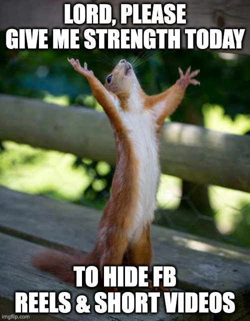 Happy Squirrel | LORD, PLEASE GIVE ME STRENGTH TODAY; TO HIDE FB REELS & SHORT VIDEOS | image tagged in happy squirrel | made w/ Imgflip meme maker