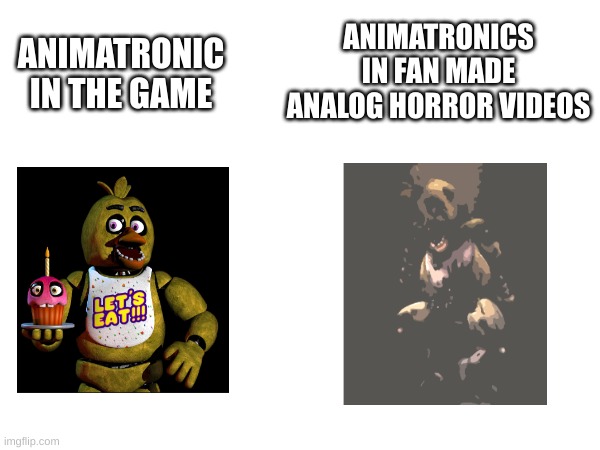 here's a fnaf meme | ANIMATRONIC IN THE GAME; ANIMATRONICS IN FAN MADE ANALOG HORROR VIDEOS | image tagged in fnaf,memes,chicken,funny,so true memes | made w/ Imgflip meme maker
