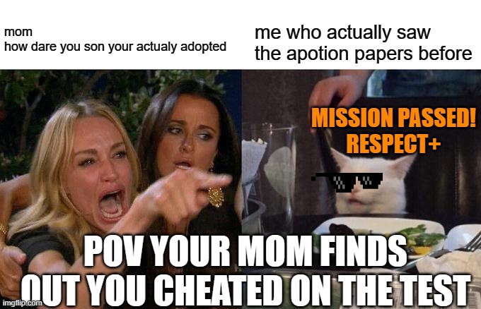 Woman Yelling At Cat | mom
how dare you son your actualy adopted; me who actually saw the apotion papers before; MISSION PASSED!
RESPECT+; POV YOUR MOM FINDS OUT YOU CHEATED ON THE TEST | image tagged in memes,woman yelling at cat | made w/ Imgflip meme maker