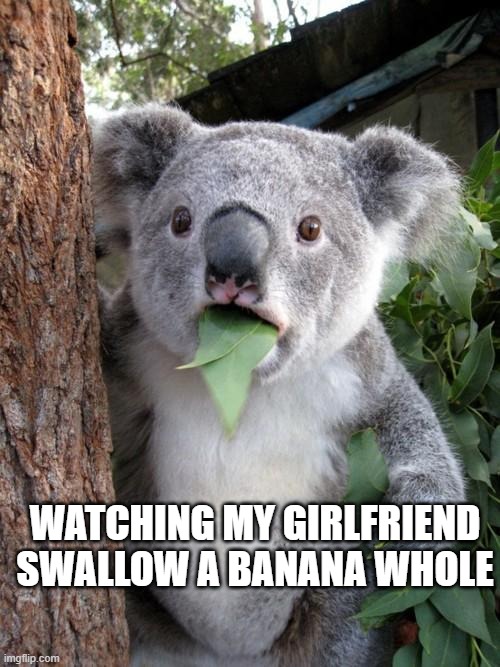 Surprised Koala Meme | WATCHING MY GIRLFRIEND SWALLOW A BANANA WHOLE | image tagged in memes,surprised koala | made w/ Imgflip meme maker