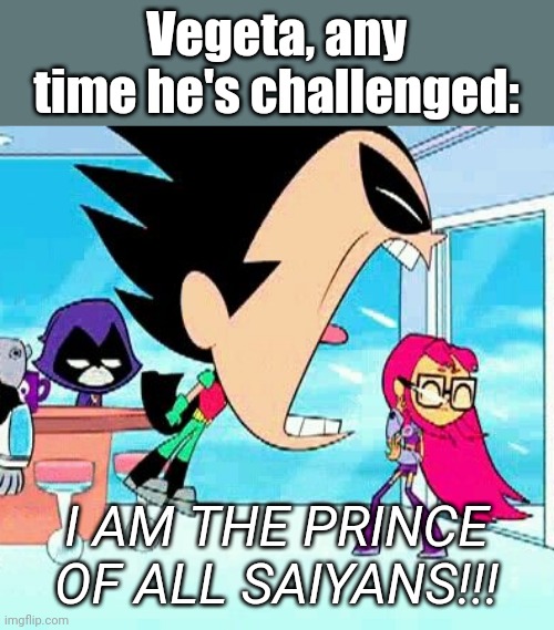 LOL the Prince of all 8 Saiyans, maybe looool | Vegeta, any time he's challenged:; I AM THE PRINCE OF ALL SAIYANS!!! | image tagged in robin yelling at starfire | made w/ Imgflip meme maker