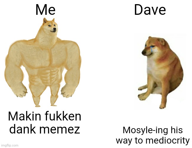 Buff Doge vs. Cheems | Me; Dave; Makin fukken dank memez; Mosyle-ing his way to mediocrity | image tagged in memes,buff doge vs cheems | made w/ Imgflip meme maker