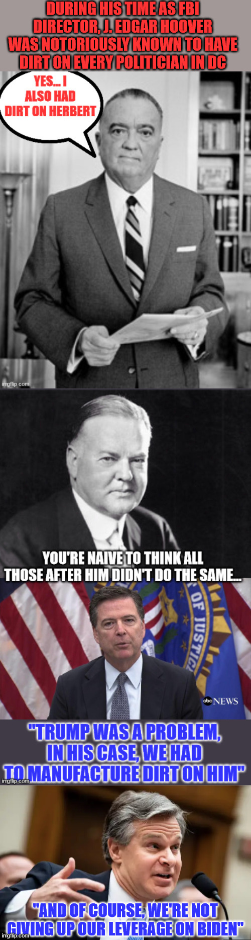 FBI directors...  Hoover tradition of dishonesty continues... | DURING HIS TIME AS FBI DIRECTOR, J. EDGAR HOOVER WAS NOTORIOUSLY KNOWN TO HAVE DIRT ON EVERY POLITICIAN IN DC; "AND OF COURSE, WE'RE NOT GIVING UP OUR LEVERAGE ON BIDEN" | image tagged in chris wray fbi,crooked,fbi,liars | made w/ Imgflip meme maker