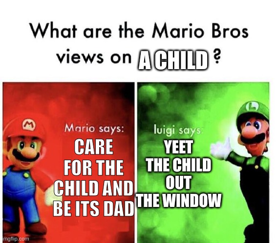 funni supa mario bros | A CHILD; YEET THE CHILD OUT THE WINDOW; CARE FOR THE CHILD AND BE ITS DAD | image tagged in mario bros views | made w/ Imgflip meme maker