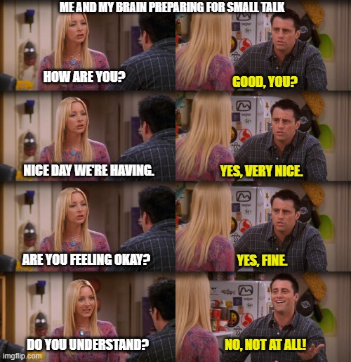 Joey Repeat After Me | ME AND MY BRAIN PREPARING FOR SMALL TALK; GOOD, YOU? HOW ARE YOU? NICE DAY WE'RE HAVING. YES, VERY NICE. ARE YOU FEELING OKAY? YES, FINE. DO YOU UNDERSTAND? NO, NOT AT ALL! | image tagged in joey repeat after me,small talk,autism | made w/ Imgflip meme maker