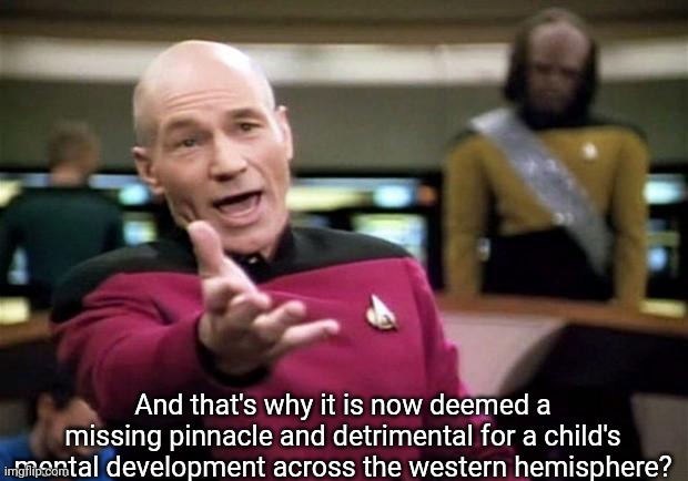 startrek | And that's why it is now deemed a missing pinnacle and detrimental for a child's mental development across the western hemisphere? | image tagged in startrek | made w/ Imgflip meme maker