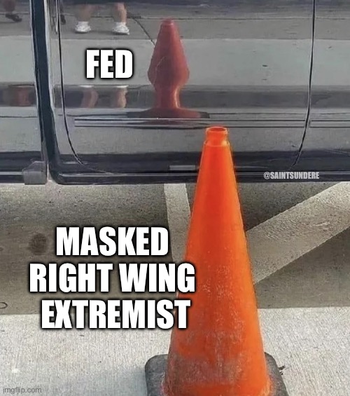 fed | FED; @SAINTSUNDERE; MASKED 
RIGHT WING 
EXTREMIST | image tagged in cone or plug | made w/ Imgflip meme maker