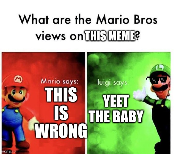 THIS IS WRONG YEET THE BABY THIS MEME | image tagged in mario bros views | made w/ Imgflip meme maker