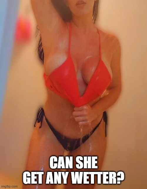 Wet | CAN SHE GET ANY WETTER? | image tagged in boobs | made w/ Imgflip meme maker