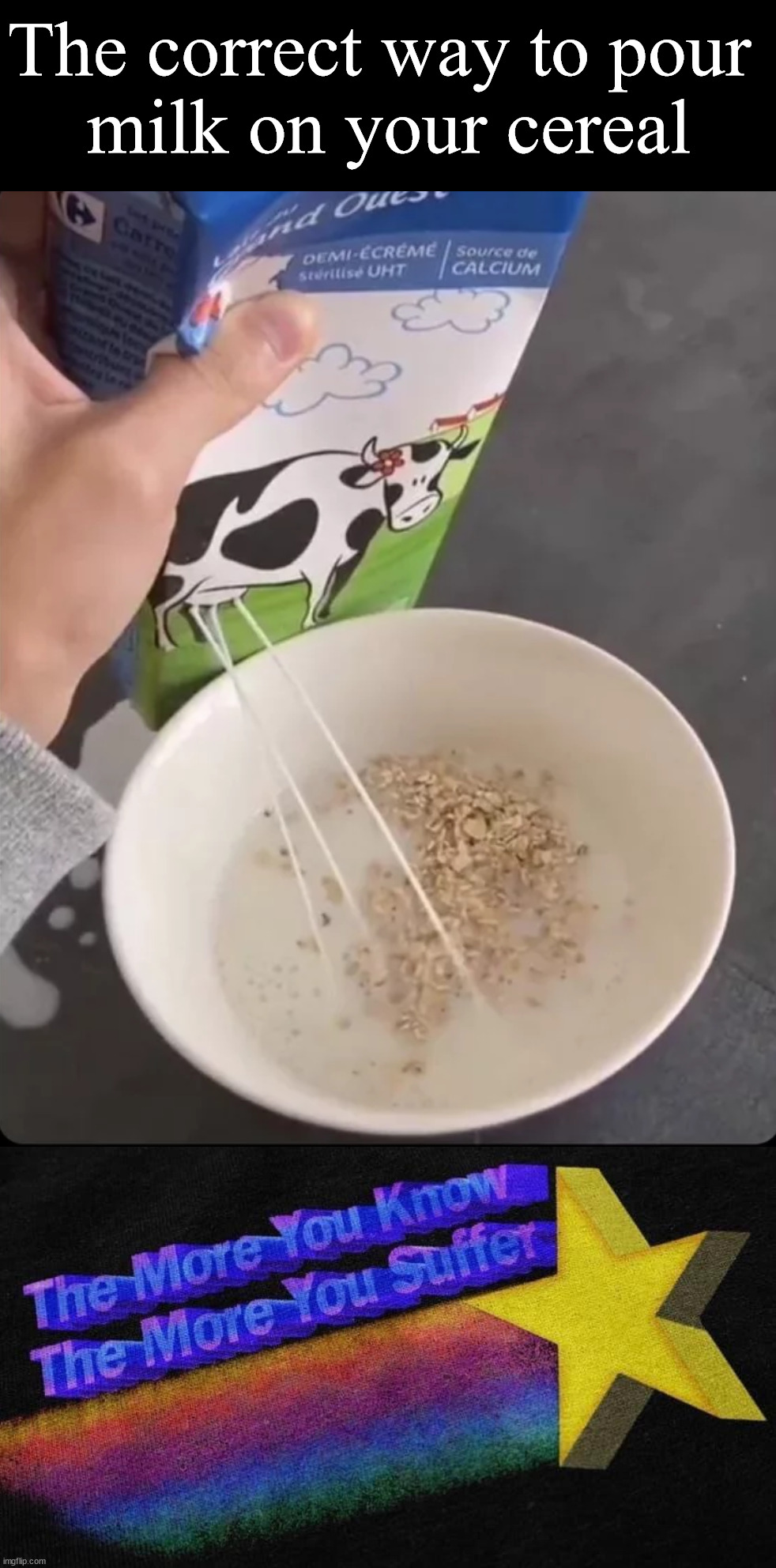 The correct way to pour milk | The correct way to pour 
milk on your cereal | image tagged in milk,milk carton,pouring,cereal,choccy milk | made w/ Imgflip meme maker