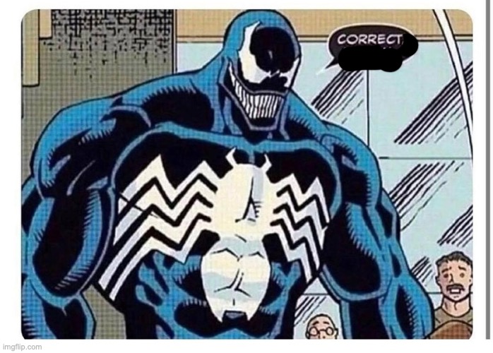 VENOM SAYS "CORRECT MADAM" | image tagged in venom says correct madam | made w/ Imgflip meme maker