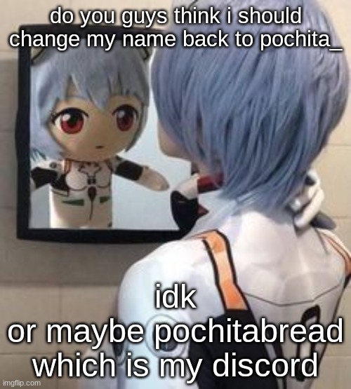 idk | do you guys think i should change my name back to pochita_; idk
or maybe pochitabread which is my discord | image tagged in rei mirror | made w/ Imgflip meme maker