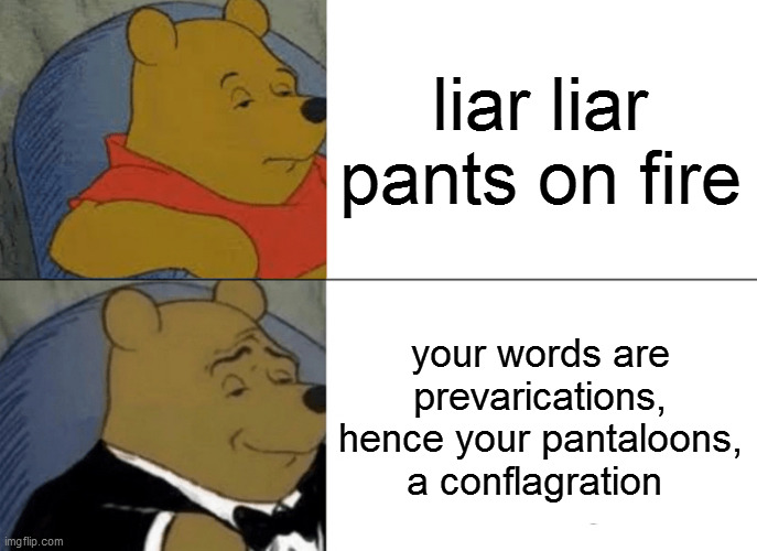 Tuxedo Winnie The Pooh | liar liar pants on fire; your words are prevarications, hence your pantaloons, a conflagration | image tagged in memes,tuxedo winnie the pooh | made w/ Imgflip meme maker