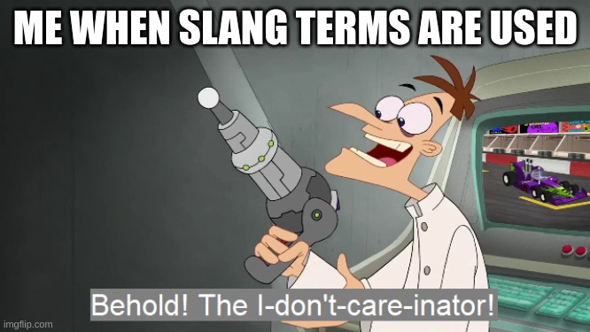 the i don't care inator | ME WHEN SLANG TERMS ARE USED | image tagged in the i don't care inator | made w/ Imgflip meme maker