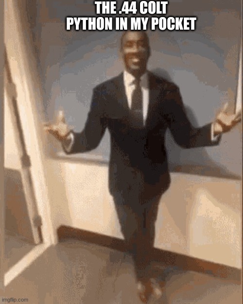 smiling black guy in suit | THE .44 COLT PYTHON IN MY POCKET | image tagged in smiling black guy in suit | made w/ Imgflip meme maker