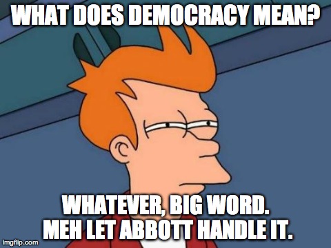 Futurama Fry Meme | WHAT DOES DEMOCRACY MEAN? WHATEVER, BIG WORD. MEH LET ABBOTT HANDLE IT. | image tagged in memes,futurama fry | made w/ Imgflip meme maker