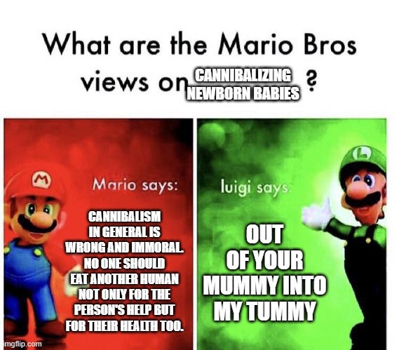 Mario Bros Views | CANNIBALIZING NEWBORN BABIES; CANNIBALISM IN GENERAL IS WRONG AND IMMORAL. NO ONE SHOULD EAT ANOTHER HUMAN NOT ONLY FOR THE PERSON'S HELP BUT FOR THEIR HEALTH TOO. OUT OF YOUR MUMMY INTO MY TUMMY | image tagged in mario bros views | made w/ Imgflip meme maker