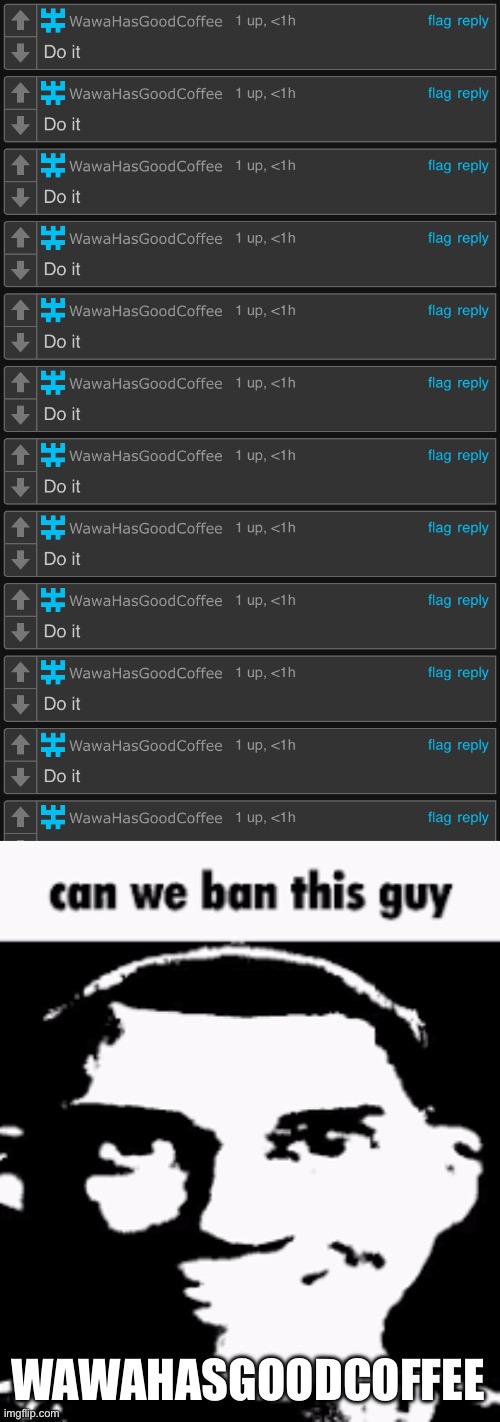 Can we ban him for comment spamming? | WAWAHASGOODCOFFEE | image tagged in can we ban this guy | made w/ Imgflip meme maker