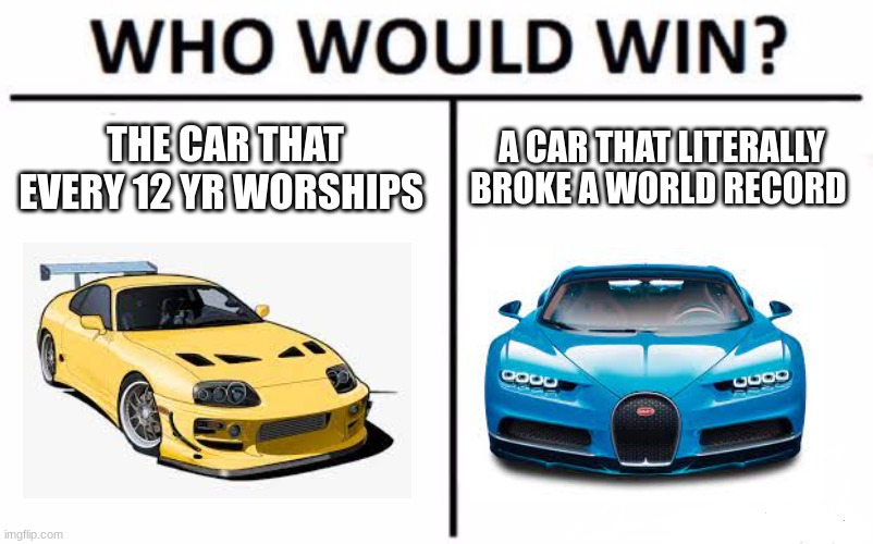 mk4 supra vs bugatti chiron | THE CAR THAT EVERY 12 YR WORSHIPS; A CAR THAT LITERALLY BROKE A WORLD RECORD | image tagged in who would win,cars,supra,bugatti | made w/ Imgflip meme maker