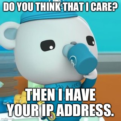 Captain Barnacles Meme | DO YOU THINK THAT I CARE? THEN I HAVE YOUR IP ADDRESS. | image tagged in captain barnacles,octonauts | made w/ Imgflip meme maker