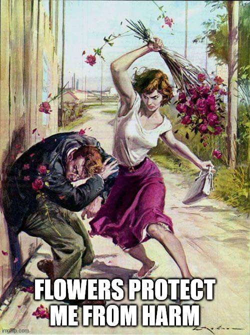 Beaten with Roses | FLOWERS PROTECT ME FROM HARM | image tagged in beaten with roses | made w/ Imgflip meme maker