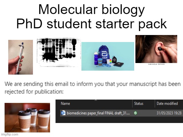 PhD student starter pack | Molecular biology PhD student starter pack | image tagged in phd,starter pack,science | made w/ Imgflip meme maker