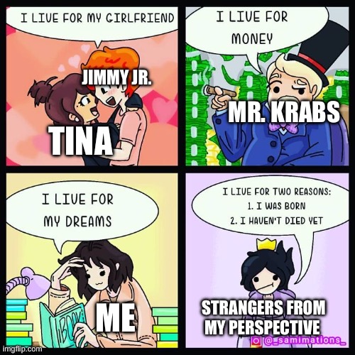 Characters and people | JIMMY JR. MR. KRABS; TINA; ME; STRANGERS FROM MY PERSPECTIVE | made w/ Imgflip meme maker