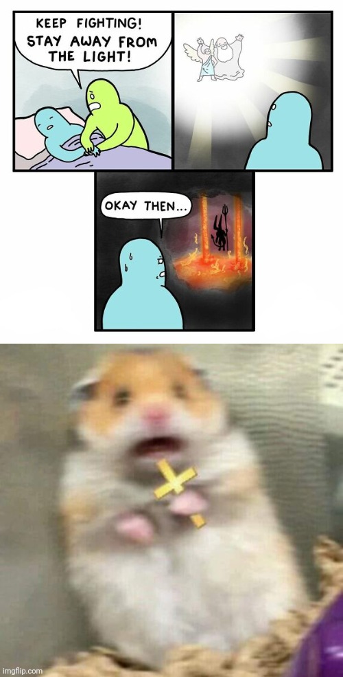 Fiery | image tagged in scared hamster with cross,fire,hell,dark humor,comic,memes | made w/ Imgflip meme maker